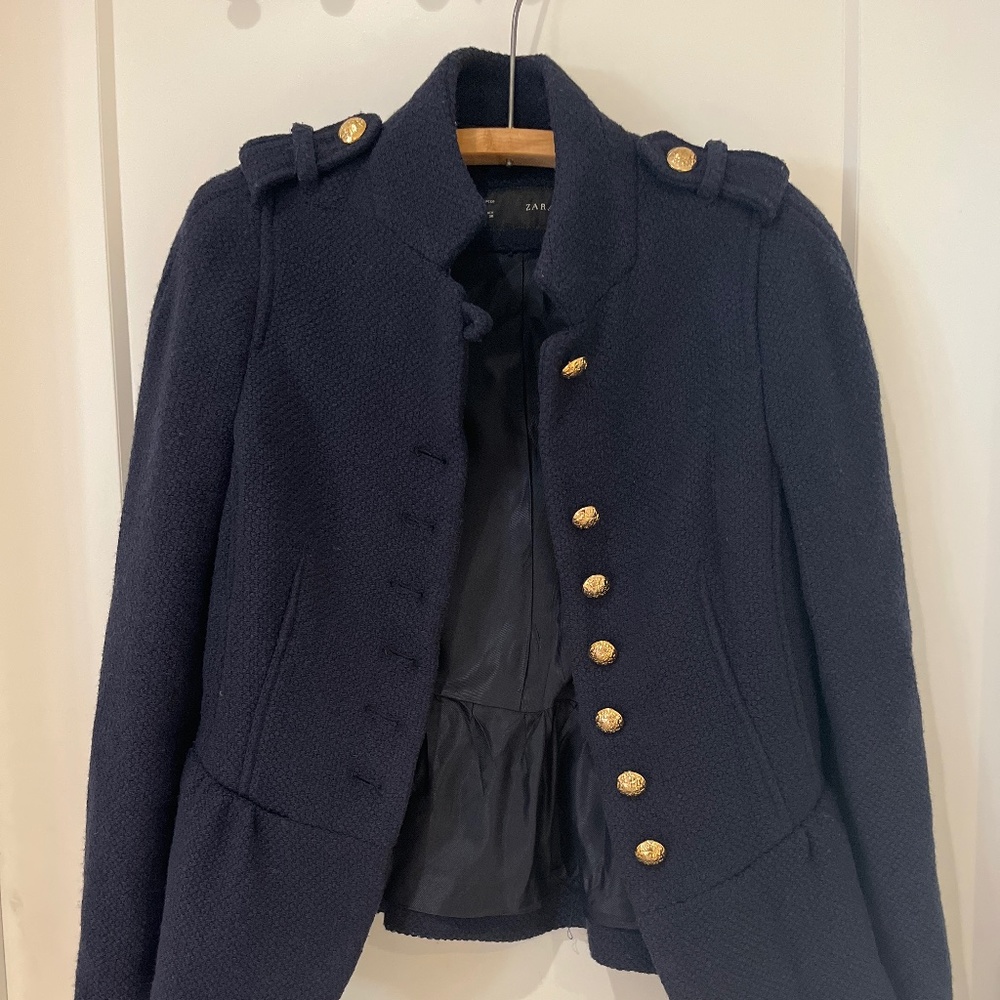Women’s L (fits more like M) Zara Navy Military Style Blazer with Gold Buttons